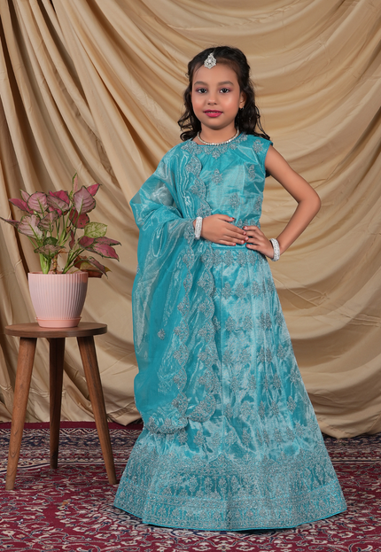 Young girl in a turquoise embroidered ready-made lehenga for girls