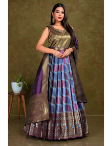 Woman wearing a traditional outfit with a sky blue multicolored gown