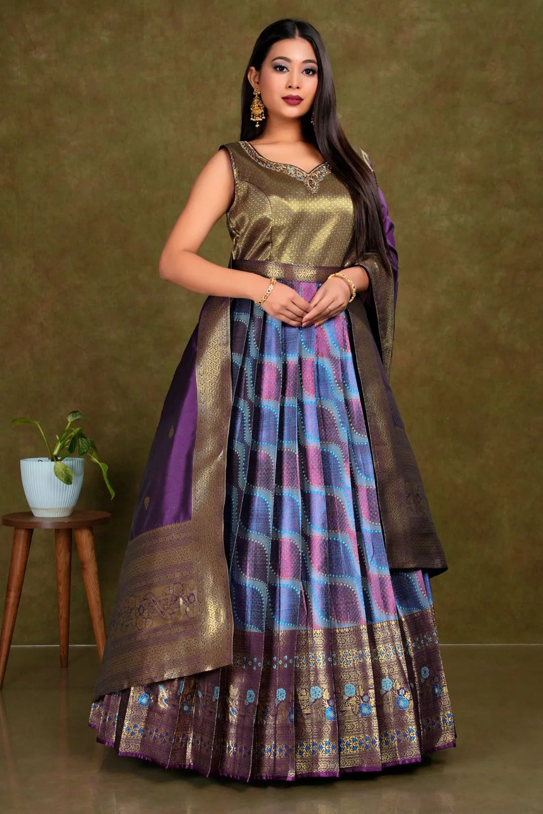 Sky Blue Long Banarasi Silk Gown With Dupatta