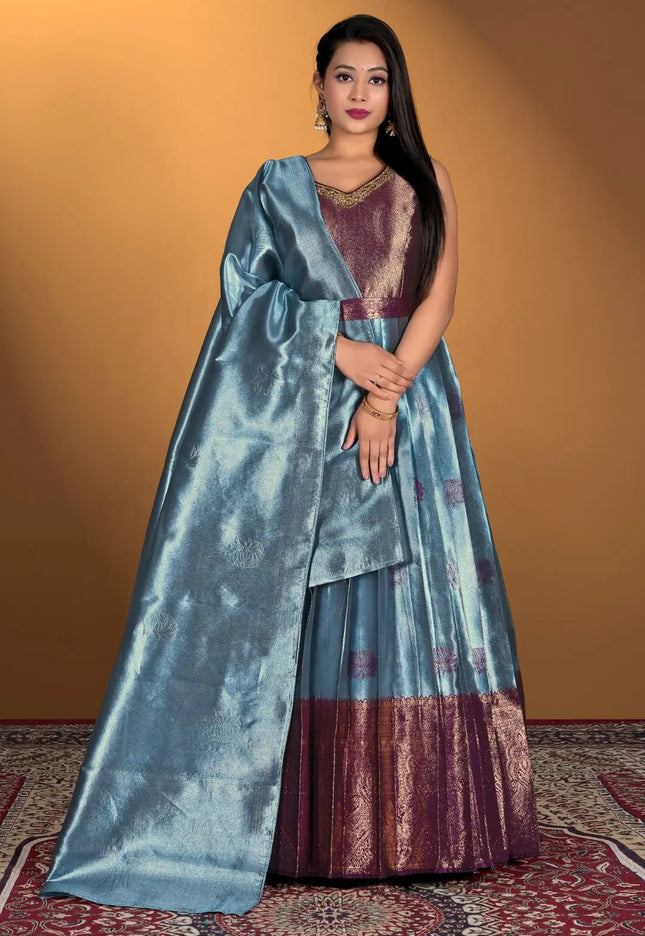Woman wearing a traditional outfit with a blue gown with matching dupatta