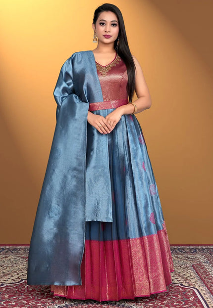 Sky Blue Pure Zari Silk Pattu Gown With Dupatta