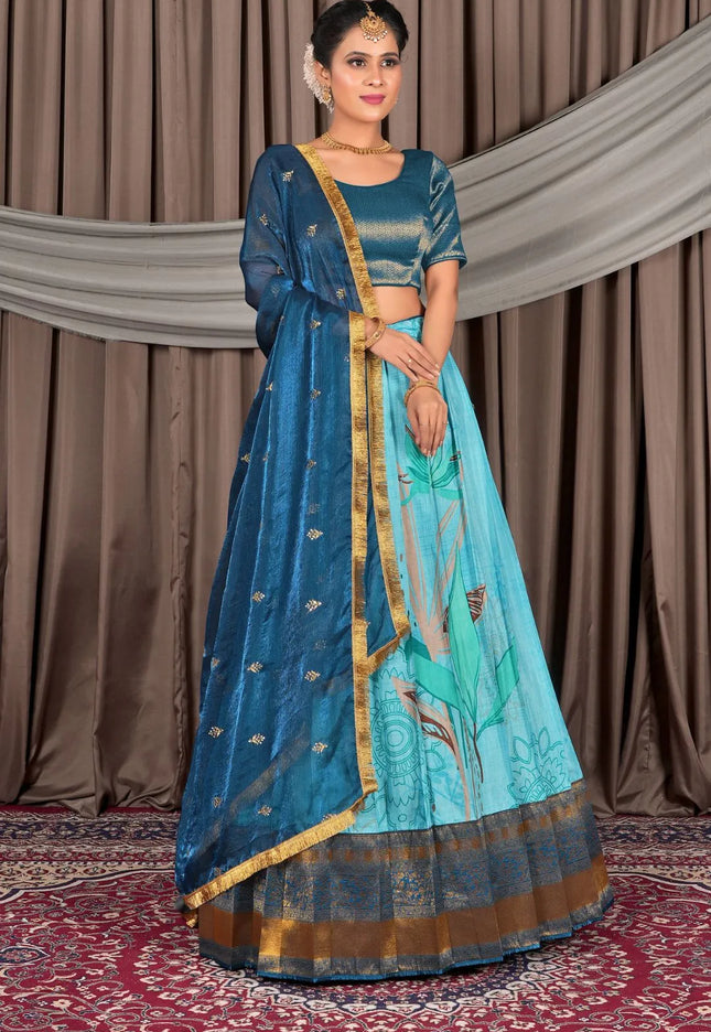 Sky Blue Viscose with Digital Print Lehenga Choli For Women