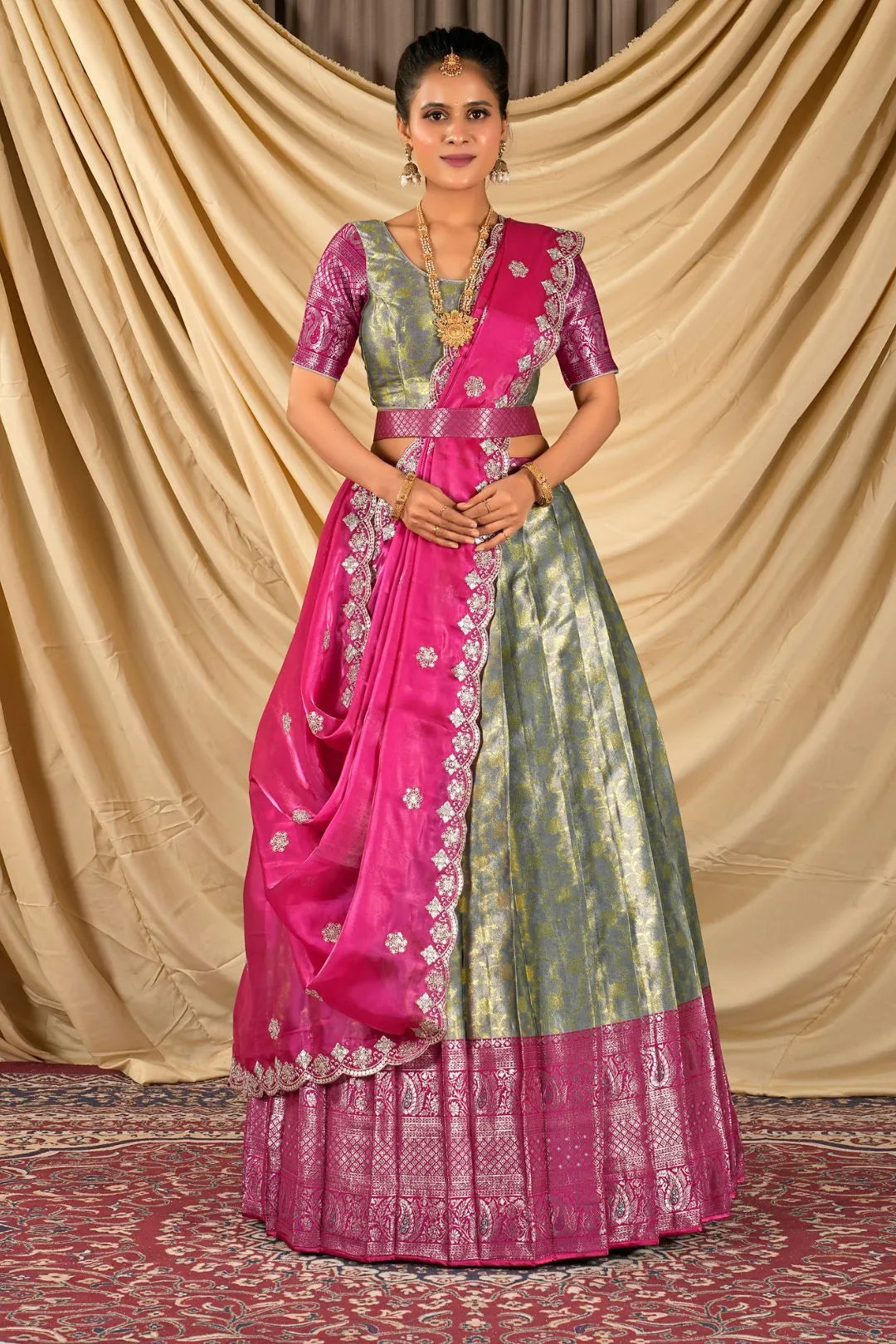 Sky Blue Zari Tissue Half Saree with Zari Woven For Women