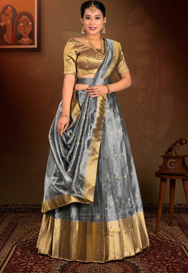 Woman wearing a traditional lehenga choli with gold and gray colors