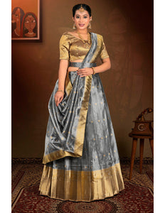 Woman wearing a traditional lehenga choli with gold and gray colors