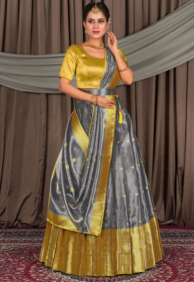 Woman wearing a traditional lehenga with a gold and gray pattern