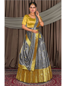 Woman wearing a traditional lehenga with a gold and gray pattern
