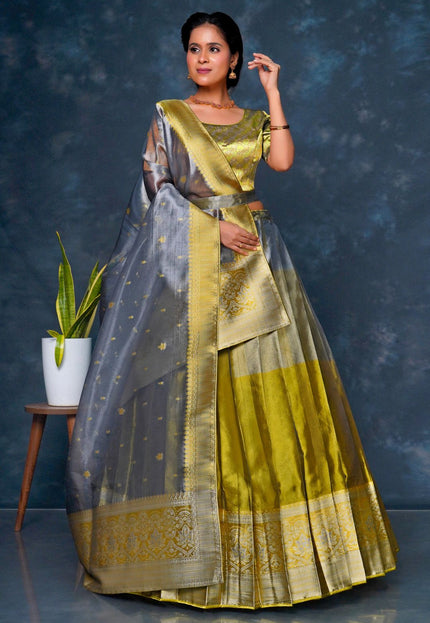 Woman wearing a traditional green and gray lehenga choli with dupatta