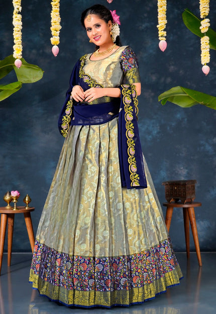 Woman in a traditional lehenga choli with floral patterns