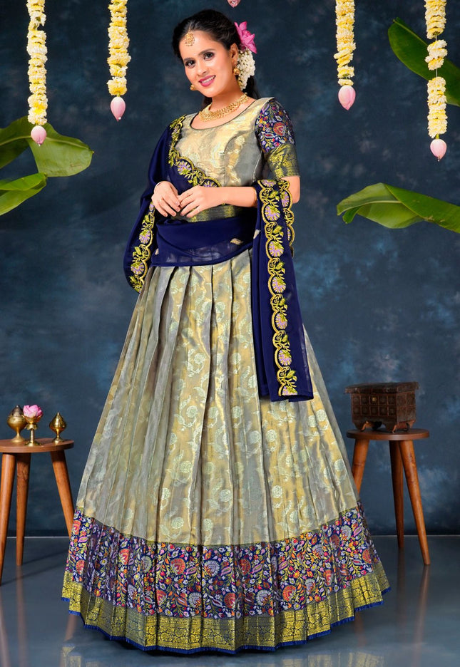 Woman in a traditional lehenga choli with floral patterns
