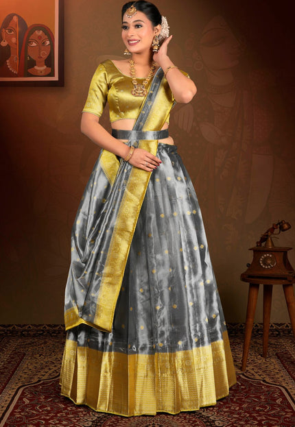 Woman wearing a traditional gold and gray lehenga choli
