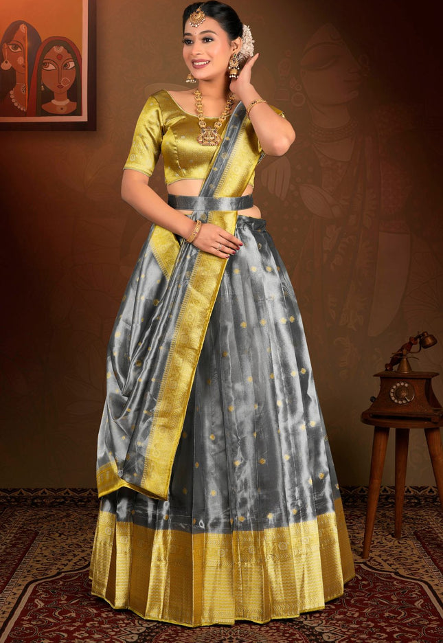Woman wearing a traditional gold and gray lehenga choli