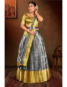 Woman wearing a traditional gold and gray lehenga choli