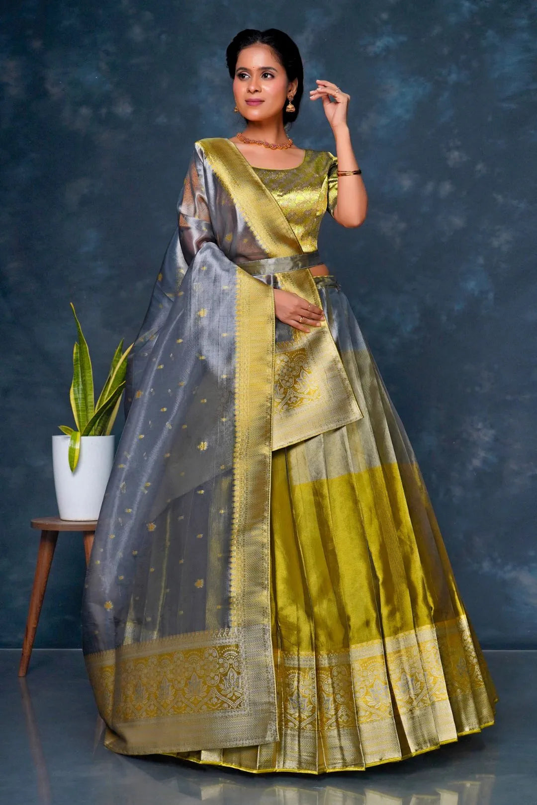 Gray Tissue Silk Lehenga Choli With Zari Work