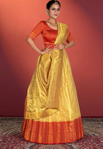 Yellow Tissue Silk Pattu Half Saree With Zari Woven