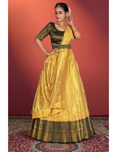 Yellow Tissue Silk Pattu Half Saree With Zari Woven