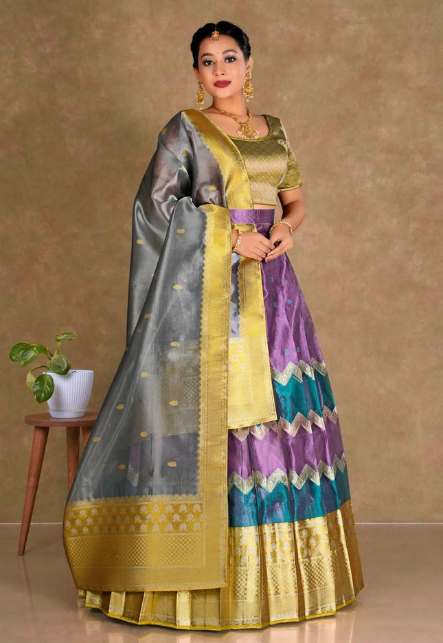 Woman wearing a traditional half saree with a multicolor design
