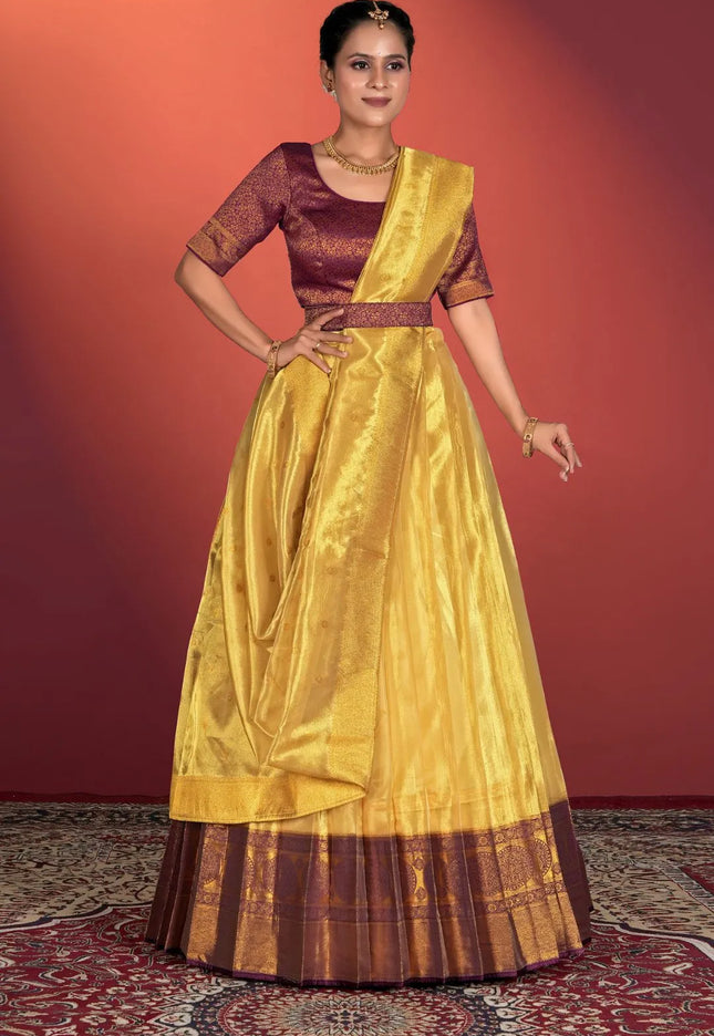 Yellow Tissue Silk Pattu Half Saree With Zari Woven