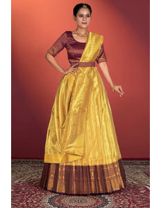 Yellow Tissue Silk Pattu Half Saree With Zari Woven