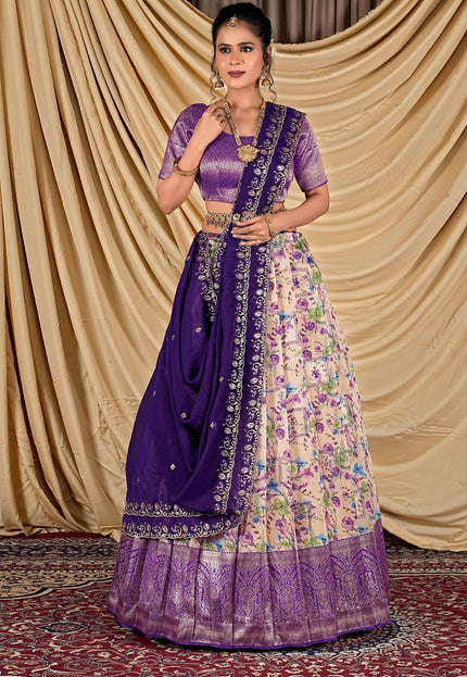 Woman wearing a traditional outfit with a purple blouse and floral skirt