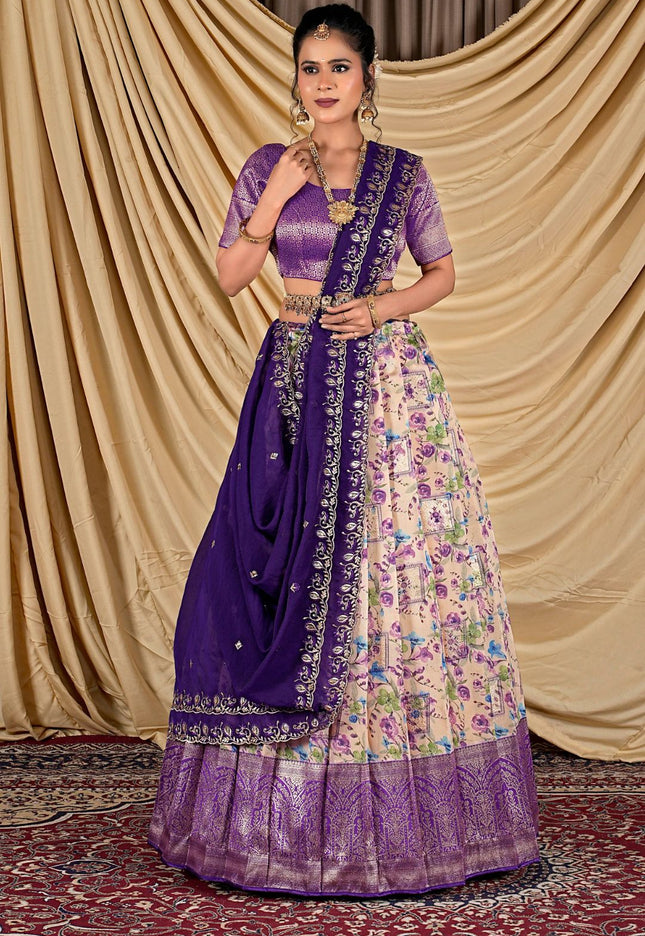 Woman wearing a traditional outfit with a purple blouse and floral skirt