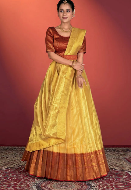 Yellow Tissue Silk Pattu Half Saree With Zari Woven