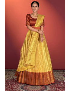 Yellow Tissue Silk Pattu Half Saree With Zari Woven
