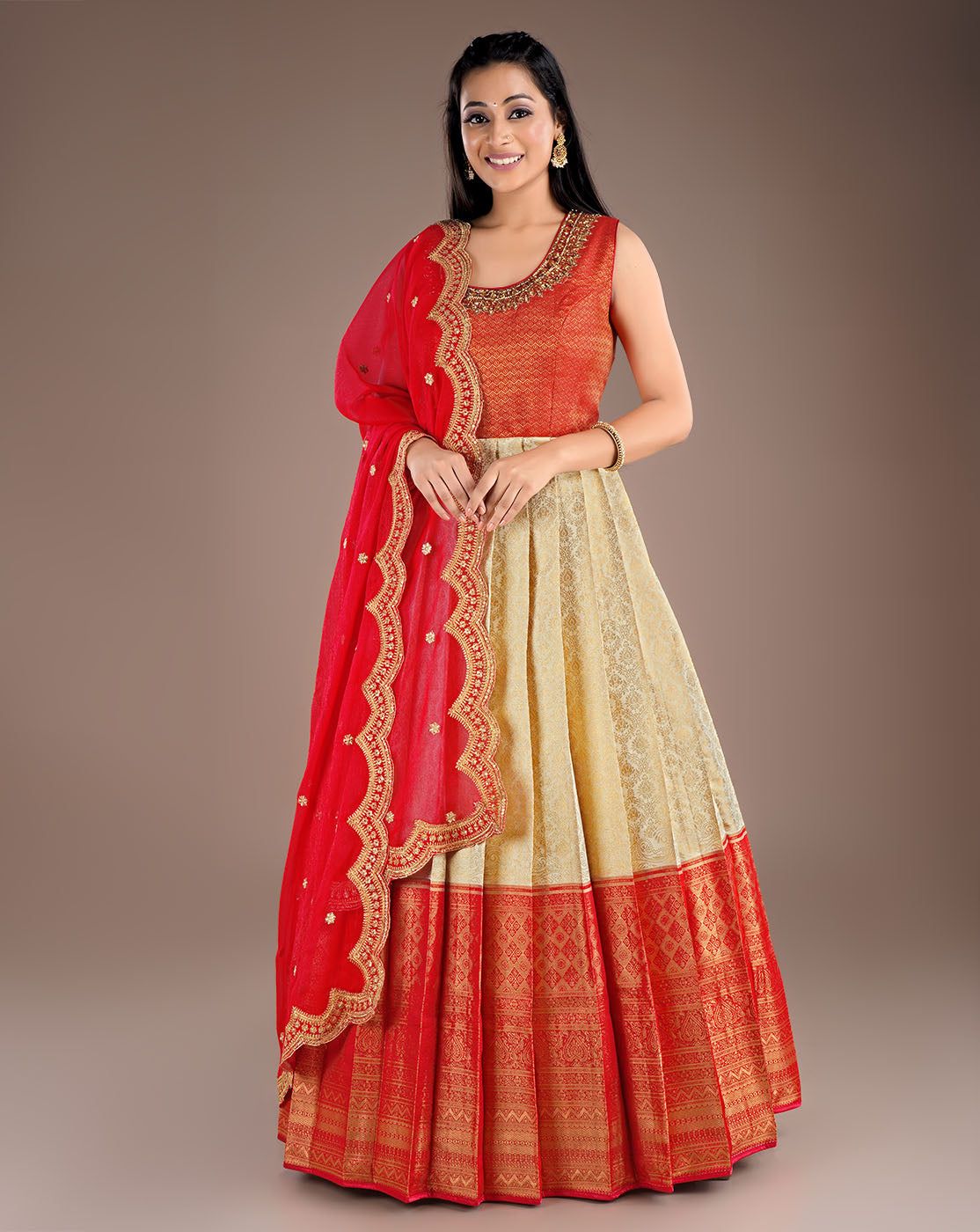 Red banarasi hot sale gown