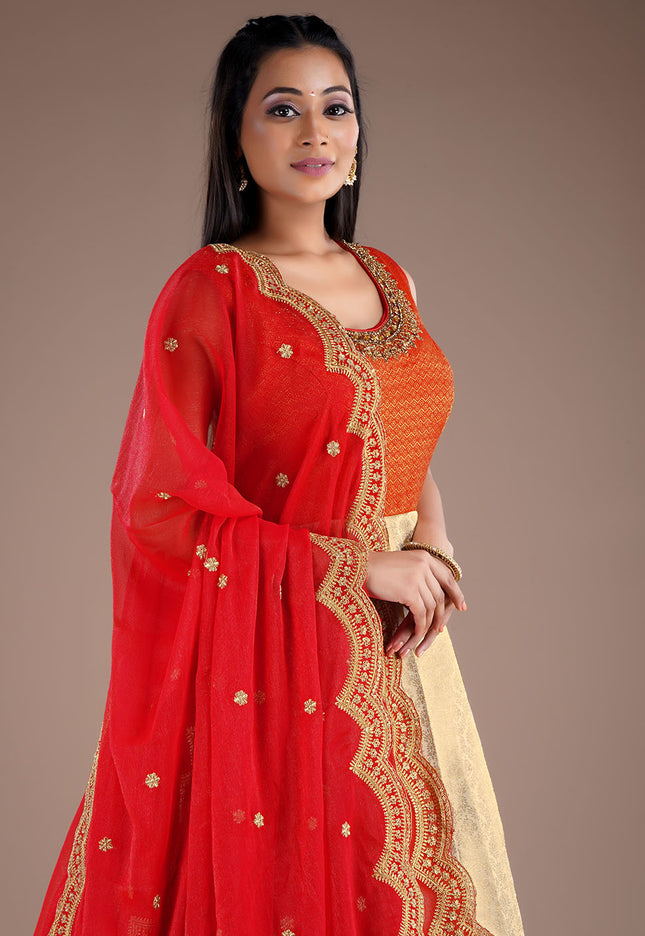 Red Long Banarasi Silk Gown With Dupatta