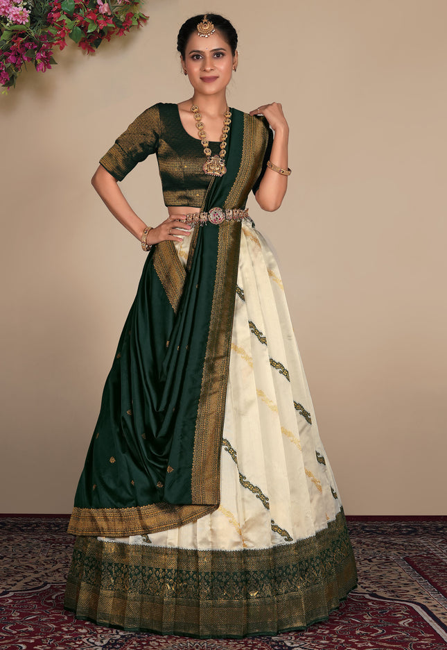 Woman wearing a white traditional lehenga choli outfit