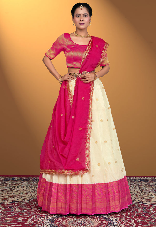 Woman wearing a pink and white traditional outfit