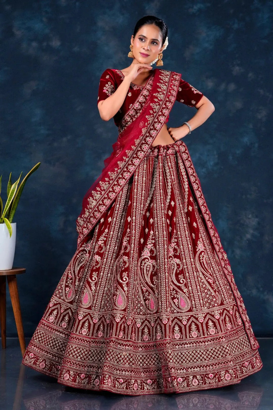 Maroon Velvet Heavy Bridal Lehenga Choli For Wedding