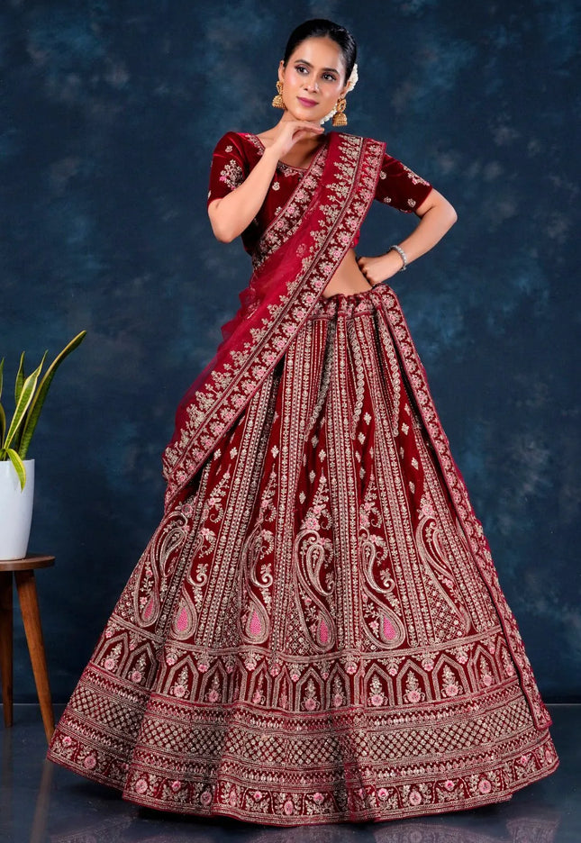 Maroon Velvet Heavy Bridal Lehenga Choli For Wedding