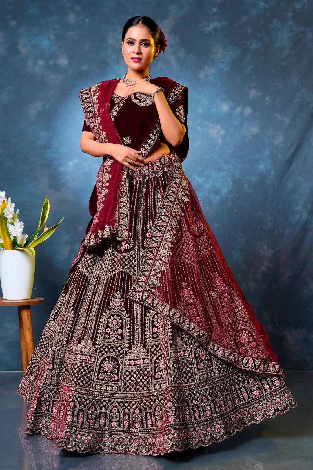 Maroon Velvet Designer Bridal Lehenga Choli with Double Dupatta