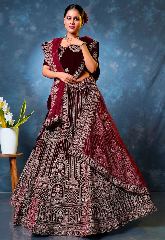 Maroon Velvet Designer Bridal Lehenga Choli with Double Dupatta