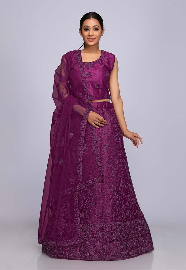 Wine Net Crop Top Lehenga