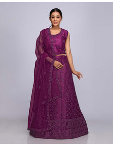 Wine Net Crop Top Lehenga