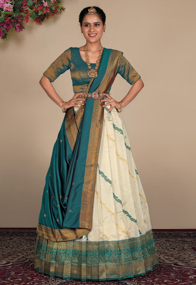 Woman wearing a traditional lehenga with a green blouse