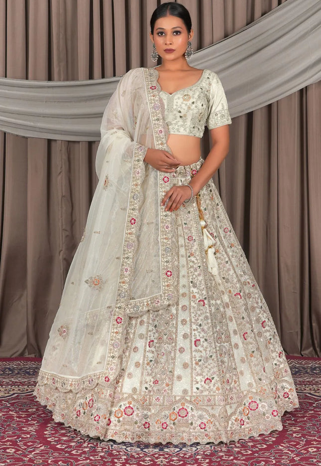 White Party Wear Embroidered Twill Net Lehenga Choli For Women
