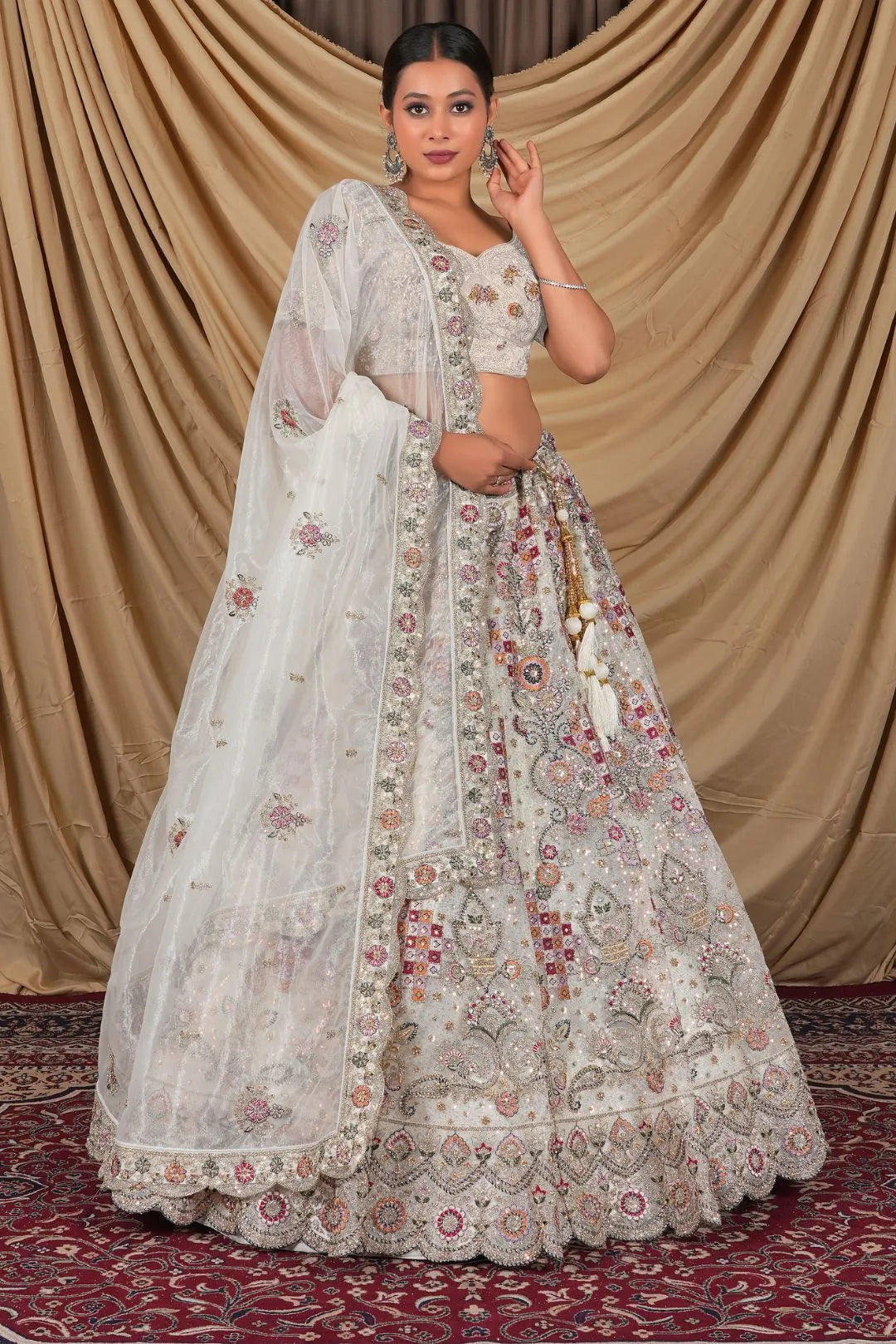 White Party Wear Embroidered Twill Net Lehenga Choli For Women