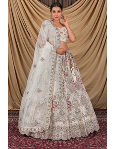 White Party Wear Embroidered Twill Net Lehenga Choli For Women