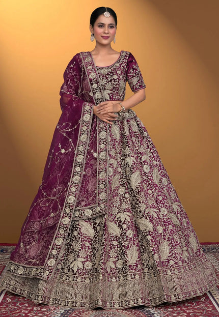 Wine Velvet Lehenga Choli With Net Dupatta For Women