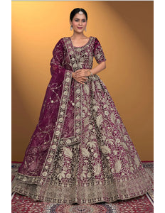 Wine Velvet Lehenga Choli With Net Dupatta For Women