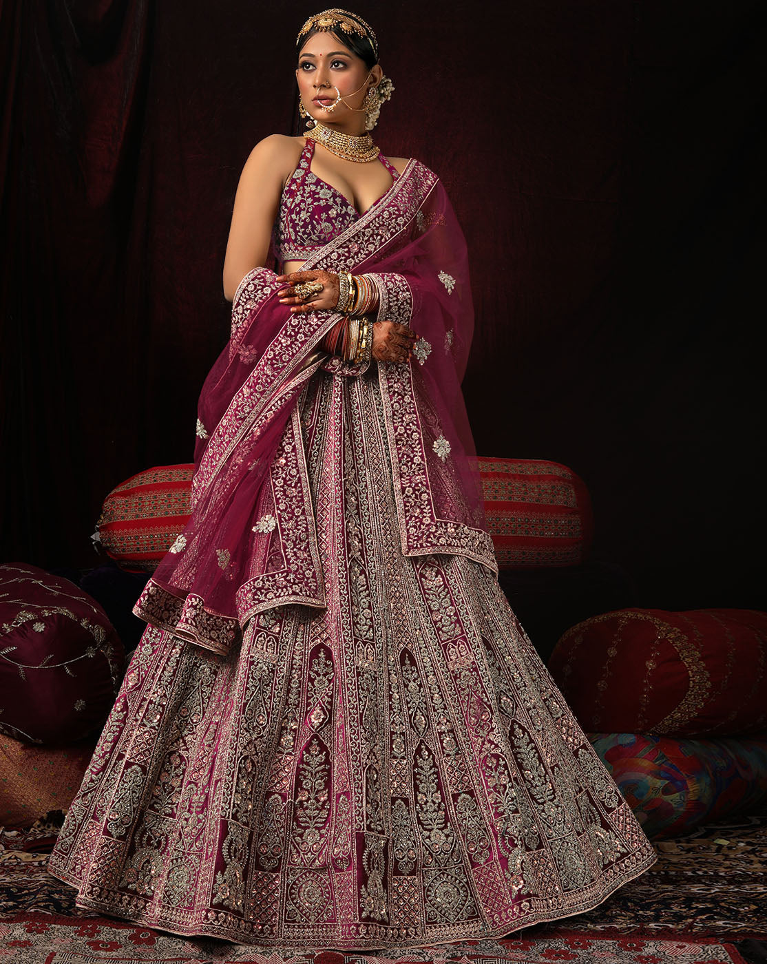 Embroidered Velvet Bridal Lehenga with Double Chunni in Wine color-818 –  Saundaryam Fashions