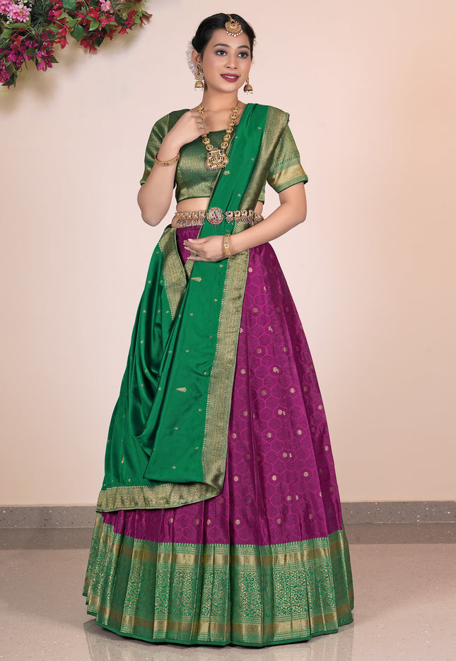 Woman Wearing a Green and Purple Lehenga Choli