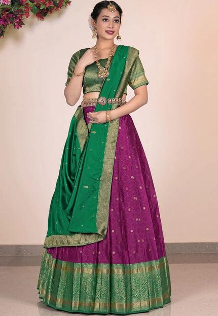 Wine Banarasi Pattu Pavadai For Women