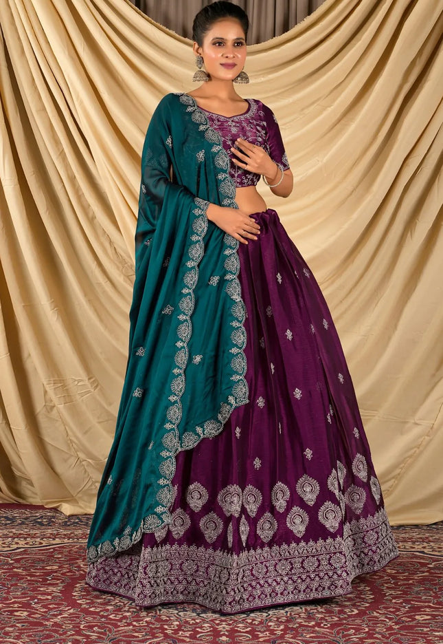 Wine Barbery Silk Lehenga Choli With Rangoli Dupatta