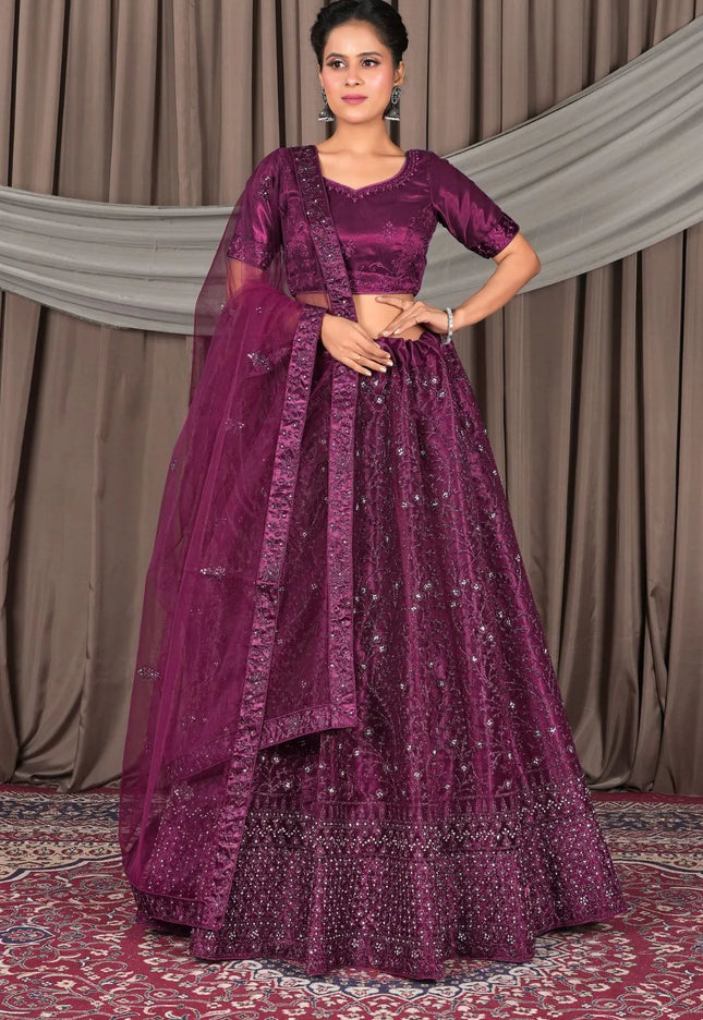 Wine Designer Net Lehenga Choli For Weddings