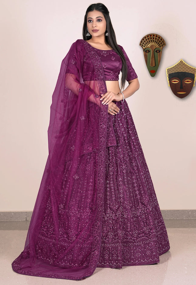 Woman wearing a purple traditional Lehenga Choli