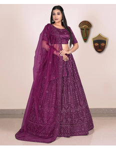 Woman wearing a purple traditional Lehenga Choli